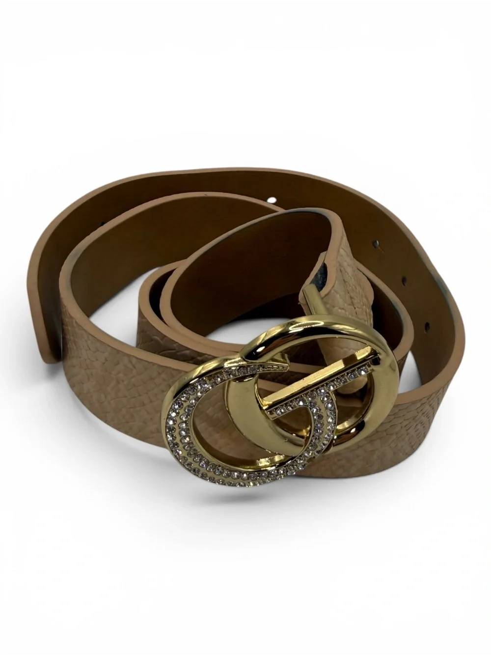 Tan Women's Leather Belt with Gold Crystal Double-Ring Buckle